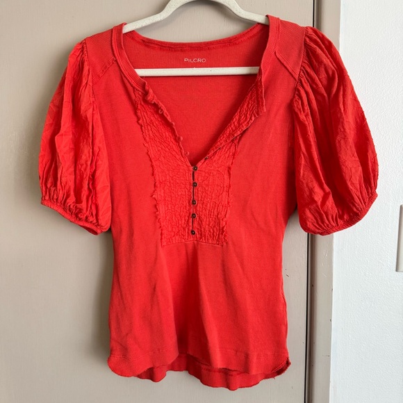 Anthropologie Pilcro Orange Puff Sleeve Lace Blouse Top - Picture 2 of 8